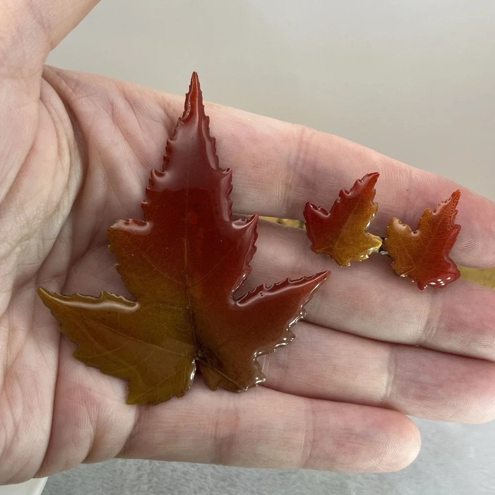 Vtg Fall Leaf Resin Dipped Set Clip On Earrings & Brooch Autumn Fairy Whimsical